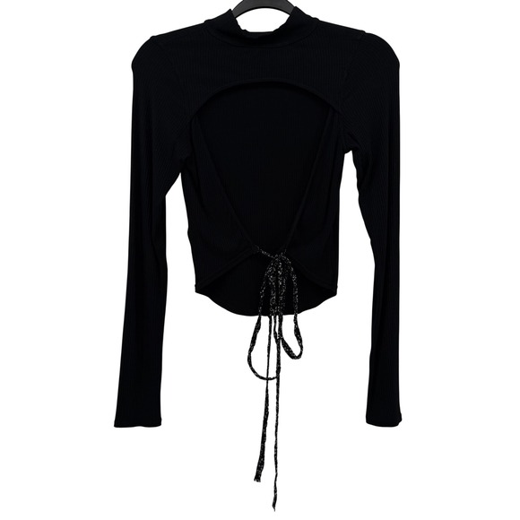 Free People Women Black Ribbed Mock Neck Cutout Back Tie Long Sleeve‎ Top Small - Picture 2 of 7